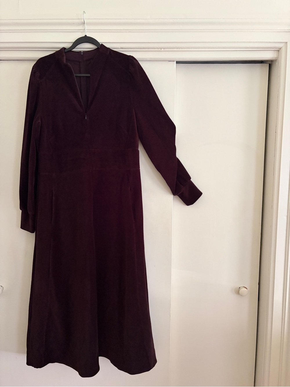 ME+EM Deep Brown Cord Velour Fit and Flare Long Sleeve Midi Dress with Pockets